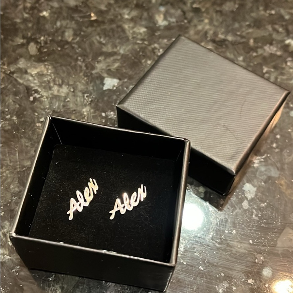 NEW silver “Alex” nameplate earring studs, never been worn
